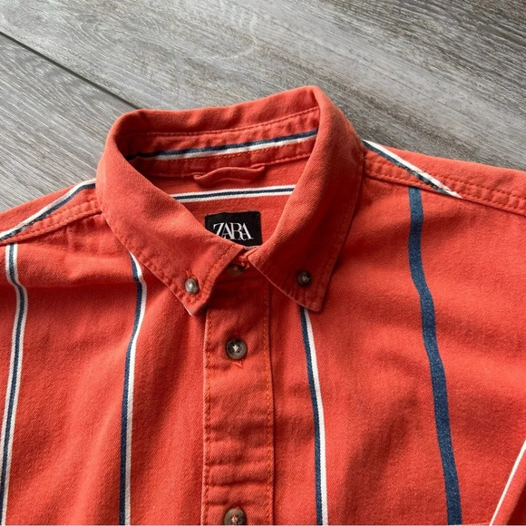 Mens Zara Denim Orange Stripe Button Down  Shirt - Picture 5 of 14